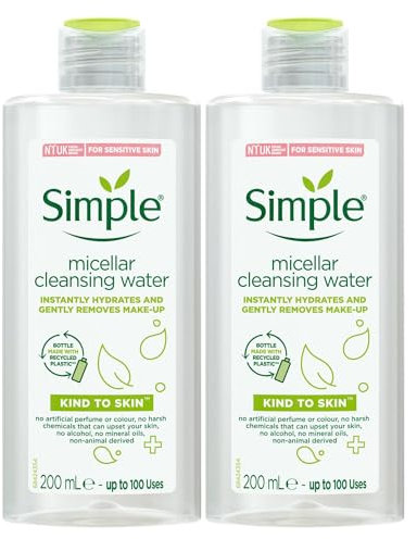 Simple Micellar Cleansing Water Makeup Remover 2 Pack - Gentle Face Cleanser for Sensitive Skin with Vitamin B3 & C Hydrating Formula, No Perfume, No Colour, Vegan and Cruelty-Free, 400ml Each
