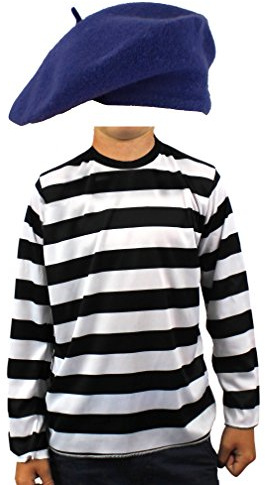 Franska franska fans-klänning kostym set svart och vit lång ärm randig topp + färgad basker fransk bastille dag (marinblå bär, 13-14 år)