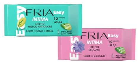 Fria Easy Salviette Igiene Intima, Ginecologicamente Testate ad Azione Dermocalmante, Tessuto Gettabile nel WC, Dermatologicamente Testate, Confezione Tascabile da 12 Salviette