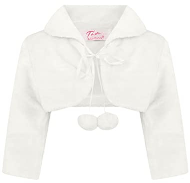 AEL Girls Fur Bolero 3/4 Sleeves Shrug for Special Occasion Pom Pom with Ribbon Fastening Colour: Ivory - Size: 7-8 Years
