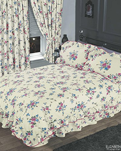 Elizabeth Blue, Super King Size Bed Duvet/Quilt Cover Set, by THE CAMEO COLLECTION, Traditional Floral Frilled Bedding Set, Rose Flowers Cream Pink Green
