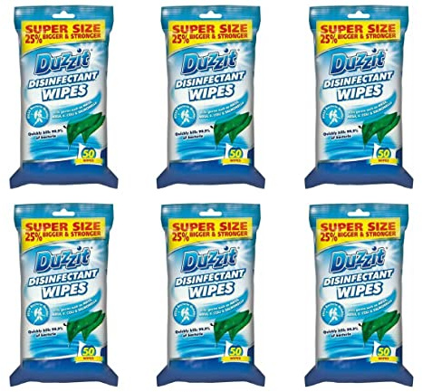 6 x Duzzit Pack of 50 Disinfectant Wipes Kills 99.9% Of Germs