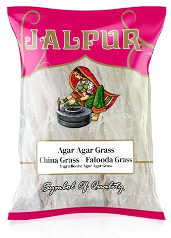 JALPUR MILLERS Agar Agar Grass 50g (200g)- China Grass - Falooda Grass - Natural Vegetarian Gelatin Substitute for Desserts, Jellies, Puddings - Ideal for Asian Sweets - Halal - Non-GMO - No Additives