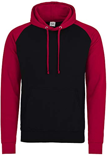 Awdis Just Hoods Adults Unisex Two Tone Hooded Baseball Sweatshirt/Hoodie (XL) (Jet Black/Fire Red)