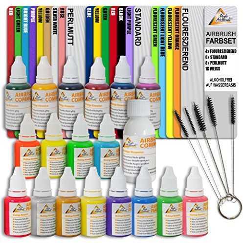 AMUR Airbrush Farben Set auf Wasserbasis mit REINIGUNGSÜRSTEN Set für Airbrush Kompressor und Airbrushpistole Grundausstattung für jedes AirbrushSet Geschenkverpackung