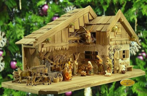 ÖLBAUM-Krippe KA70gg-MF-SKR-T2L Historische Weihnachtskrippe, mit GRANITBRUNNEN Wassergrand + Premium-DEKOSET Krippenstall, Massivholz GEBEIZT - mit Premium-Krippenfiguren mit exakter,