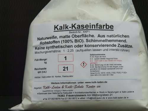 Kalk-Kaseinfarbe. Keine konservierende o. synthetische Zusätze. Schimmelhemmend. 1kg bis 21qm