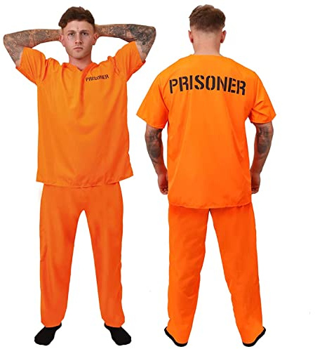Mens Prisoners Convict Costume - X-Large - Orange Prisoner Top, Matching Orange Trousers – Cops & Robbers Halloween Fancy Dress Costume