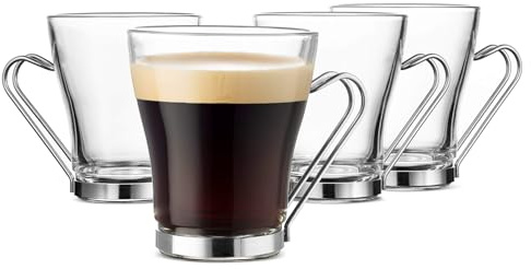 Bormioli Rocco Oslo 7.5 oz. Cappuccino Tempered Glass Cup with Removable Stainless Steel Handle for Coffee, Tea, Lattes, and Hot Drinks, Set of 4