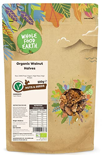Wholefood Earth Organic Walnut Halves 500g Raw | GMO Free | Vegan | High Fibre | High Protein | Certified Organic