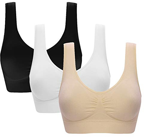 Vermilion Bird Women's 3 Pack Seamless Comfortable Sports Bra with Removable Pads M/Shirt Size 6,8 Black &White &Nude