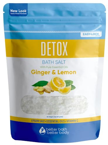 Detox Bath Salt 32 Ounces (2 Lbs) USP Grade Epsom Salt with Natural Ginger and Lemon Essential Oils Plus Vitamin C in BPA Free Pouch with Easy Press Lock Seal Made in USA