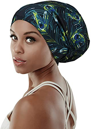 FocusCare Under Cap for Motorcycle Helmet Satin Cap for Intense Cardio Work Outs Bed Slouchy Beanie Gifts for Long Hair Girls Blue Camo