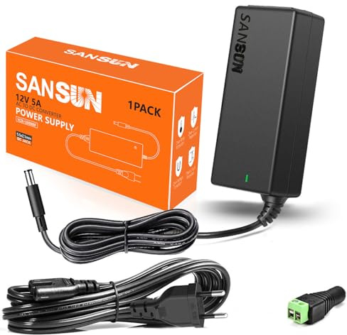 12V 5A Netzteil 60W AC DC Adapter (Eingang 110V-220V, Ausgang 12 Volt 5 Amp 60 Watt) DC Konverter LED Treiber Beleuchtung Trafo für 12V 5A Flexible LED Band Strip Light 1 Set schwarz
