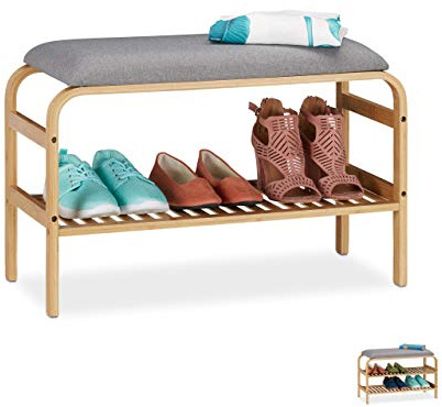 Relaxdays Banco Zapatero Recibidor, Asiento Acolchado, 46x69x30cm, Organizador 3 Pares de Zapatos, Descalzadora, Natural