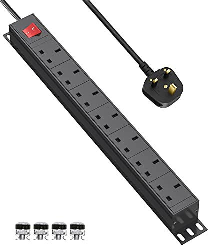 Airmom 7 Way Extension Lead Power Strip with Surge Protection, 19 inch Rack Mount Power Strip, Wall Mount Power Socket with Metal Housing, 1,8M Cable