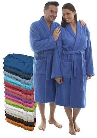 LEBENGOOD Peignoir unisexe pour femme et homme 100% coton éponge américain 400 g avec ceinture, poches, douche, peignoir doux, serviette (Azulon L)