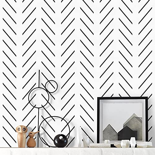Orainege Black and White Peel and Stick Wallpaper Herringbone Contact Paper for Bathroom 17.7in x 118.1inModern Geometric Self Adhesive Wallpaper Removable Wall Paper Peel and Stick