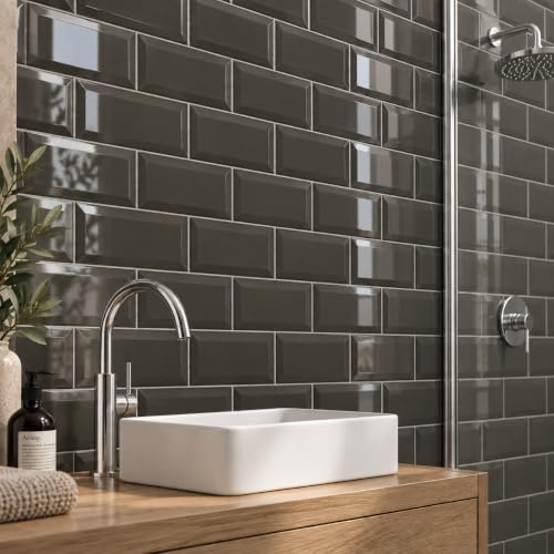 Metro Bisel Grey Ceramic Wall Bathroom Tile Subway Brick Effect 100mm x 200mm Bevelled Edge Kitchen Tiles Gloss Finish 1m2 Box of 50