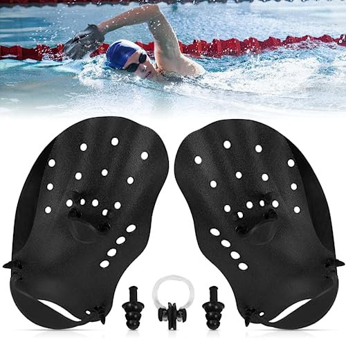 ZOESURE Schwimmpaddels Hand, Handpaddles mit Nasenclip und Ohrstöpseln, Verstellbare Gurte Handpaddel, Paddel für Training, Schwimmen Zubehör für Erwachsene, Kinder, Unisex (M)