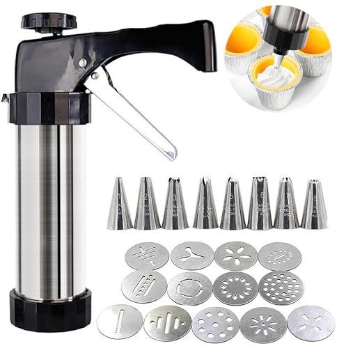Cimvidi Set di siringhe per pasticceria, in acciaio inox, con 13 stencil e 8 beccucci, siringa per guarnire, pressa per biscotti, pressa per pasticceria, fai da te