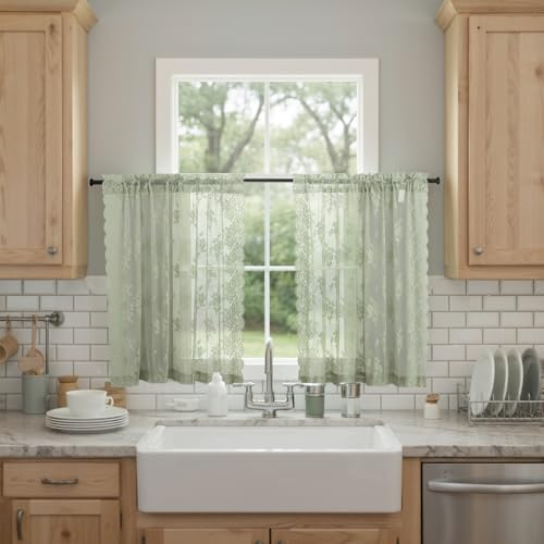Kotile Sage Green Sheer Curtains 54 Inch Length 2 Panels, Country Rustic Floral Spring Curtains for Bedroom, Rod Pocket Privacy Green Sheer Lace Curtains, 42 x 54 Inch, 1 Pair, Sage Green