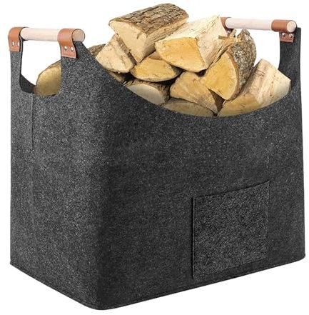 thirei Pliable Panier Pour Cheminée, Sac a Buches, Panier à Bûches, 55 x 32 x 40 cm, pour Journal ou Bois de Chauffage, Gris Foncé