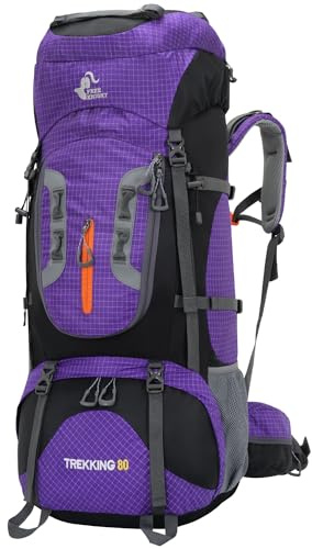 Bseash Zaino da 80 L impermeabile per escursionismo e campeggio con copertura antipioggia, grande capacità, zaino da viaggio per sport all'aperto, arrampicata e sci, Viola, 80L