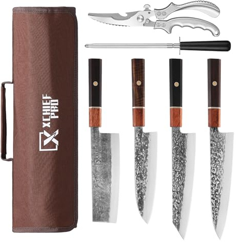 XCHIEF PRO Juego de Cuchillos Japoneses Juego de Cuchillos de Cocina Profesional Hecho de Acero al Carbono Cuchillo de Chef Forjado a Mano con Cuerno para Cocina Camping Barbacoa