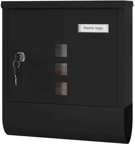 WOLTU Buzon de Correo con 3 Ventanillas y Placa de Nombre, Buzón Exterior de Aleación, Buzón Pared Individual con 2 Llaves, Tapa Abatible y Zona para Periodicos, Negro, 30,5x9x33,5 cm