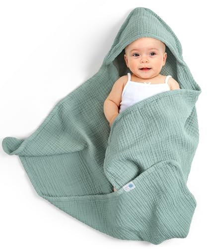 lulumoon Baby Handtuch Kapuze für Badezimmer：Kapuzenhandtuch aus Musselin Baumwolle 75x76cm - Oeko-Tex extra weich saugfähig für Wärme nach Baden Eincremen - geeignet für Babys 0-18 Monate (Grün)