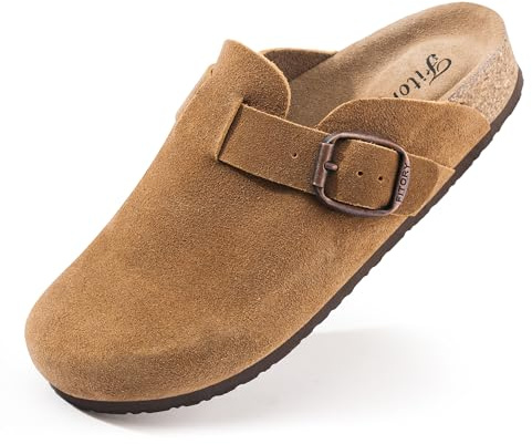 FITORY Damen Clogs Slip-on Potato Shoes Leder Mule Spitze Wildleder Kork Innensohle Braun Größe 40