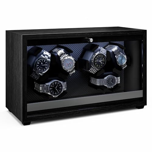 KLARSTEIN Brienz 6 - Caricatore per 6 Orologi, Avvolgitore per Orologi Automatici con Motore Silenzioso, 4 modalità di Rotazione, LED Blu, Cuscino in Memory Foam, Design in Legno, USB