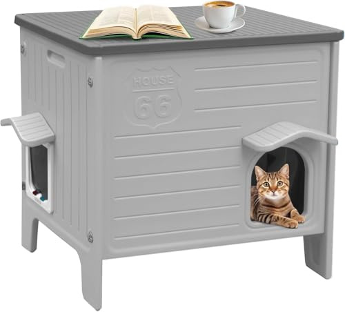 HiCaptain Casa para gatos exterior resistente al invierno gatos plástico asilvestrado casa para gatos exterior refugio para cachorros para mascotas pequeñas medianas corral para mascotas cubierta gris
