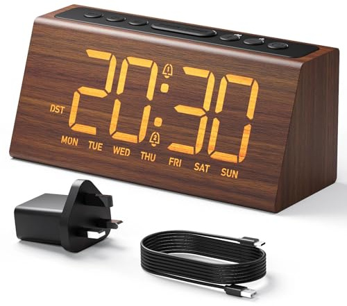 HOMVILLA Alarm Clock, Mains Powered Alarm Clocks Bedside, Digital Clock with Dual Alarm, Snooze, 4 Level Alarm Volume, 3 Level Brightness + OFF Mode, 3 Alarm Schedule, USB Charging Port, DST