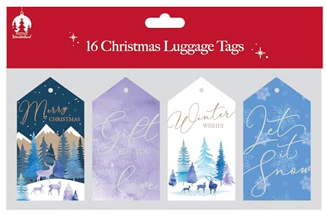 Tallon 16 Festive Gift Tags for Presents – Assorted Seasonal Designs with Reindeer, Snowflakes & Winter Trees – Decorative Christmas Wrapping Accessories