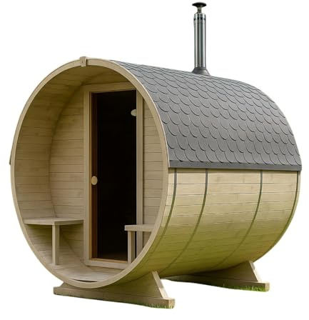 Gardj Fasssauna Garten Outdoor Sauna aus nordischer Fichte – Verschiedene Größen (2–6 Personen) – Wahlweise mit Holz- oder Elektroofen – Inkl. Zubehörset (240 cm, Runde, Holzofen)
