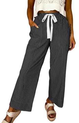 Acelitt Womens Casual Fashion 2026 Fall Striped Pants Elastic Waist High Waist Wide Leg Linen Pants Trousers Black XXL