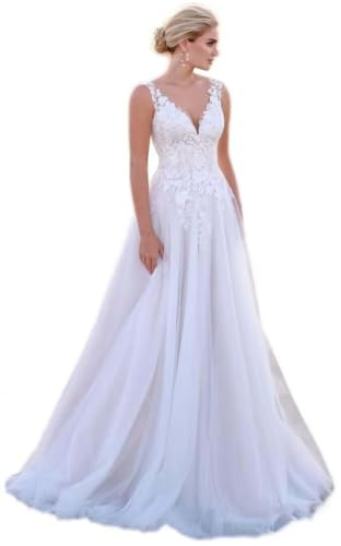 Cycloploid Lace Tulle Country Wedding Dresses for Bride 2026 A-Line V Neck Beach Boho Wedding Dress for Women Long Bridal Gowns White Style06 US12