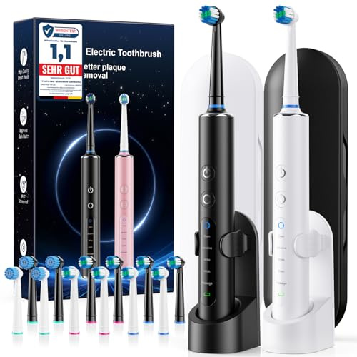 Cepillo de dientes eléctrico rotatorio 2 unidades Negro + Blanco para adultos y niños, 3 intensidades y 5 modos, cepillo dientes electrico con 12 cabezales, 2 estuches de viaje, batería de 120 días