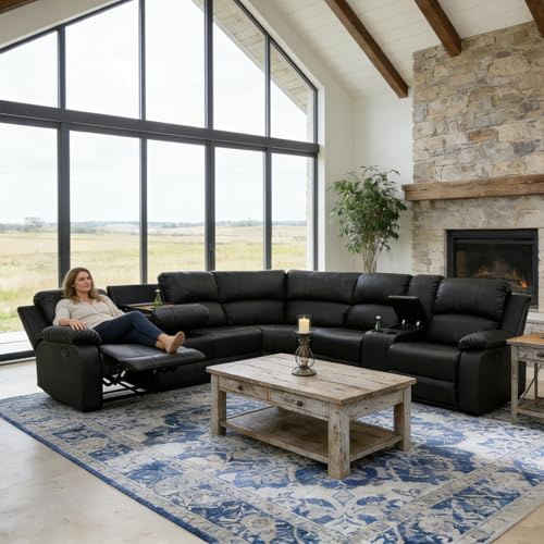 Snuptor Manual Reclining Sectional Sofa Set, Living Room Furniture Sets, 6 Seats Leather Recliner Corner Sectional Couch with Cup Holders, Storage Console for Office/Home Theater (Black)