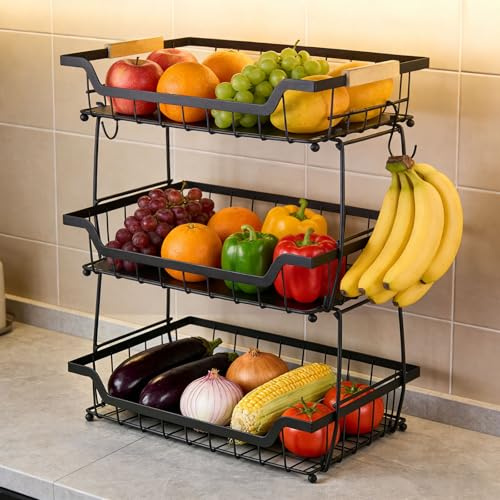 sudatong Cesta de frutas con 2 ganchos de plátano para encimera de cocina, encimera de verduras, soporte de almacenamiento, gran capacidad, alambre de metal, soporte para frutas, organizador para