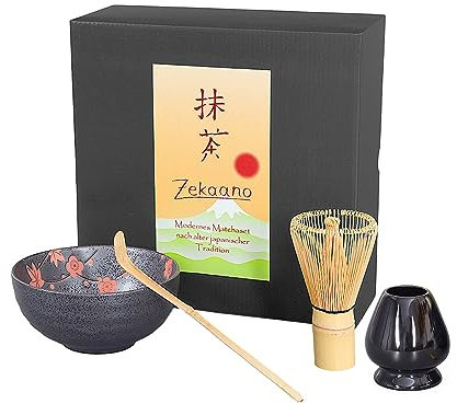 Aricola® Matcha Starter Set 4-teilig, anthrazit/rot gesprenkelt, bestehend aus Matcha-Schale, Matcha-Löffel, Matcha-Besen (Bambus) und Besenhalter in eleganter Geschenkbox.