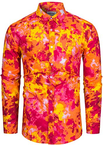 fohemr Mens Dress Shirts Long Sleeve Funky Printed Casual Button Down Shirt 100% Cotton Orange Tie Dye Print Large