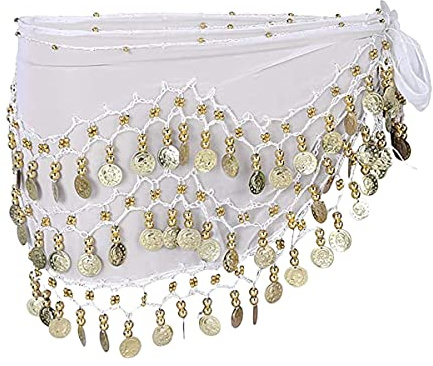 SamHeng Belly Dance Hip Scarf with 128 Dangling Gold Coins, Chiffon 3 Rows Belly Dance Skirt Wrap Belt, Belly Dance Costume Accessories for Women Girls