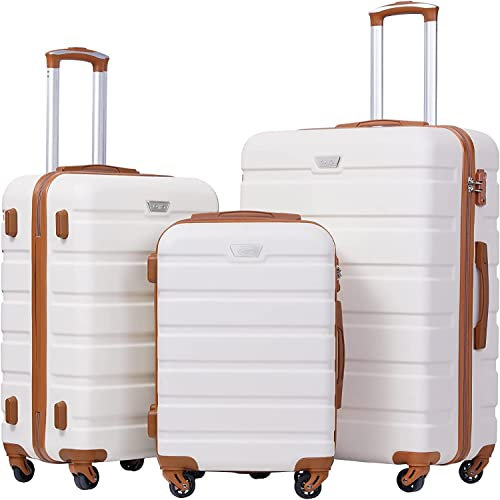 COOLIFE Hartschalen-Koffer Trolley Rollkoffer Reisekoffer ardschale Boardcase Handgepäck mit TSA-Schloss und 4 Rollen (Weiß/Braun, Koffer-Set)