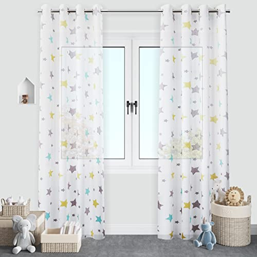 Dalina Textil - Cortinas Translúcida Infantiles Niño Dos Panel de 140x260cm- Cortina Visillo Juveniles Estampado de Estrellas para Habitación Sala de Estar 2 Pieza