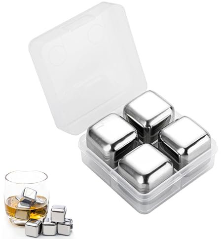 4 Stück Eiswürfel Wiederverwendbar, 304 Edelstahl Eiswürfel, Reusable Ice Cubes, Metall Eiswürfel für die Kühlung von Whisky oder Wein, Geschenke für Whiskyliebhaber