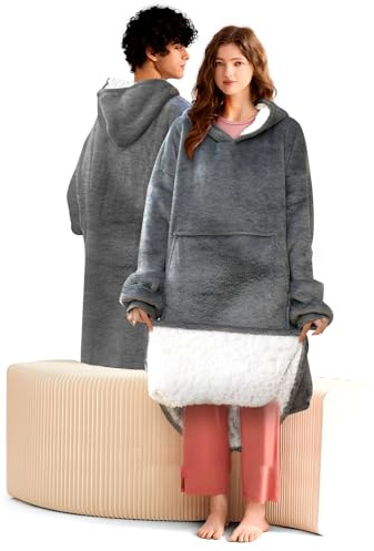 EspRaL Överdimensionerad huvtröja, originalfilt, pläd poncho och ficka, en storlek tjock sherpa-fleece huva för vuxna, kvinnor, män, tonåringar, Färg: grå, 3XL Grande taille Extra Tall