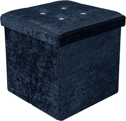 London Dream Foldable Ottoman Storage Box - Crushed Velvet Single Seater - Cube Furniture Foot Stool Seat Rest – Space Saver – Blanket, Toy Chest Organizer (Small, Navy)